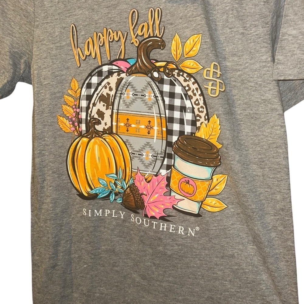 New simply southern happy fall pumpkins latte gray tshirt autumn leaves size M